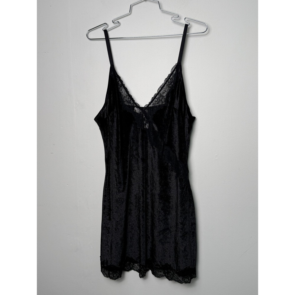 Black Crushed Velvet Lace Trim Slip Dress Nightie XL